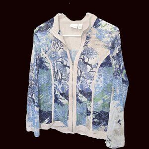 Weekends by Chicos Womens Jacket Full Zip Sheer Blue Cream Green Size Large